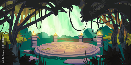 Ancient circle stone altar with fire on pillars in jungle. Vector cartoon illustration of rainforest landscape with green grass, trees, lianas and old round podium with pagan symbols