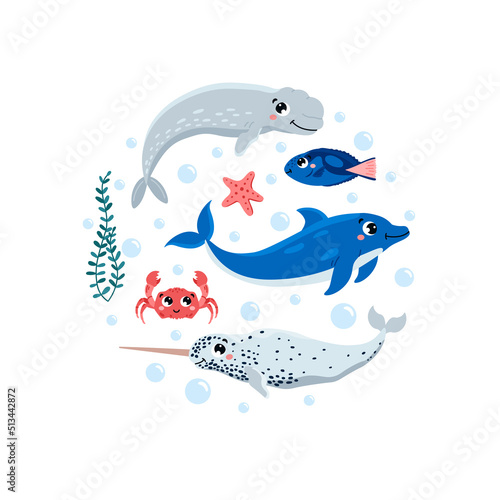 Cute fishes and marine mammals with smiling face, flat vector illustration isolated on white background.