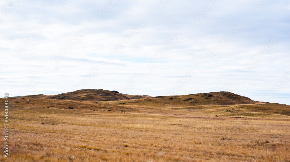 Tibet Plateau scenery. Yellow wild grass against the background of the cloudy sky. A landscape view of the dry hills. Amazing view of a desolate plain on a cloudy day with dry grass in the foreground. Tibet Plateau scenery. Yellow wild grass against the background of the cloudy sky. A landscape view of the dry hills. Amazing view of a desolate plain on a cloudy day with dry grass in the foreground.