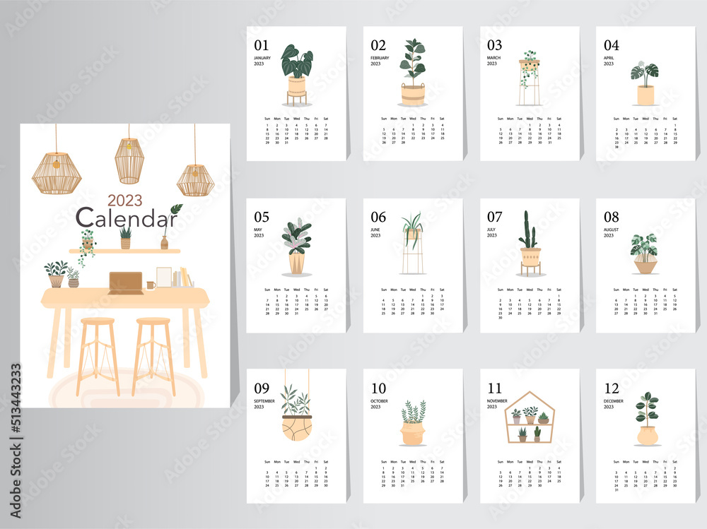 Cute calendar 2023 design,The year of plant monthly cards templates,Set of  12 month,Monthly trees,leaf,Vector illustrations. Stock Vector | Adobe Stock