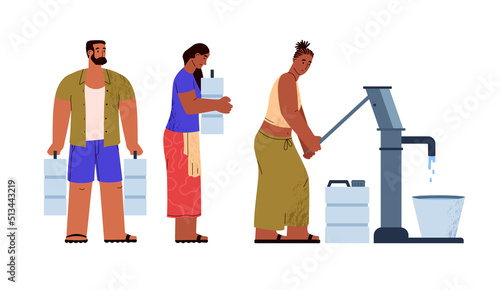 People in areas of Earth with water shortages, vector illustration isolated.