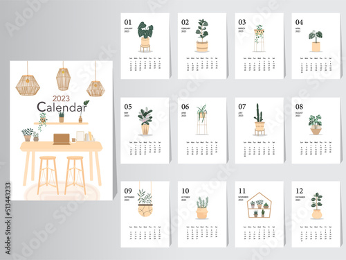 Cute calendar 2023 design,The year of plant monthly cards templates,Set of 12 month,Monthly trees,leaf,Vector illustrations. photo