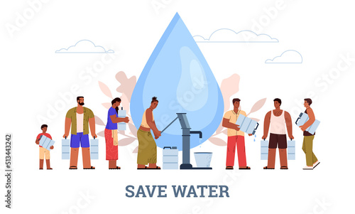 Save water banner with people in queue pumping drinking water, flat vector illustration on white background.