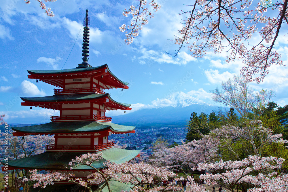 春の新倉山浅間神社と富士山
