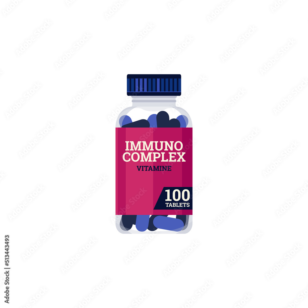 Immuno complex supplement in glass bottle, flat vector illustration isolated.