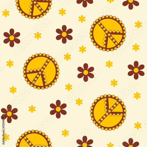 Retro hippie floral seamless pattern with peace symbol and daisy flowers on a light background. Vector groovy illustration in style 60s, 70s