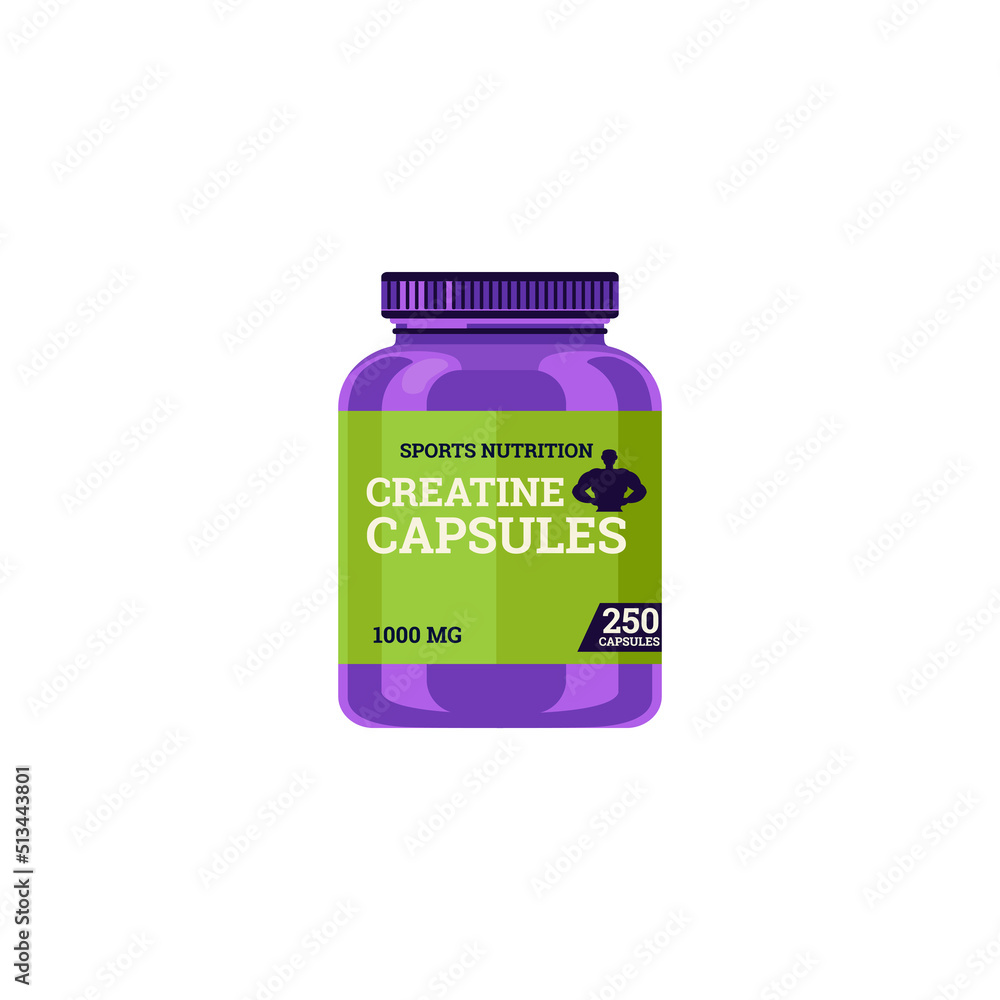 Big purple plastic bottle with creatine capsules flat style, vector illustration