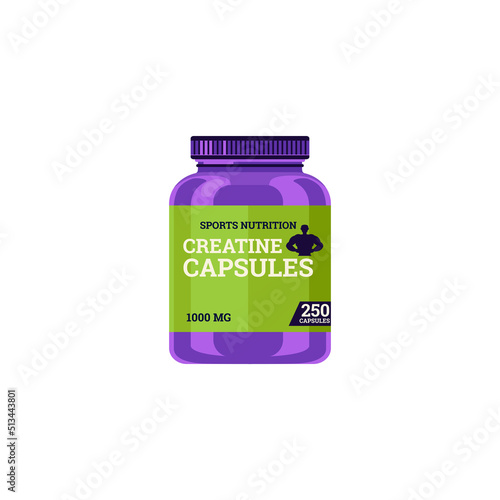 Big purple plastic bottle with creatine capsules flat style, vector illustration