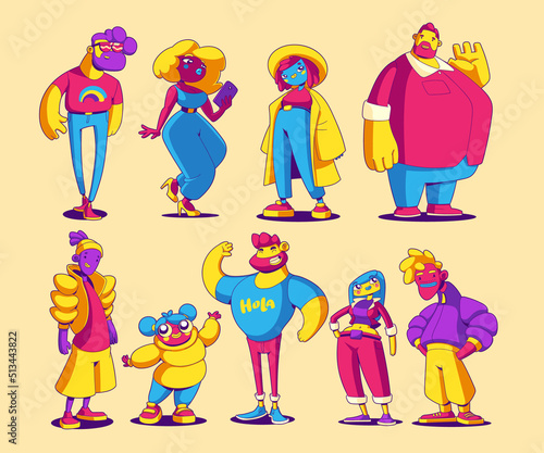 Contemporary art with funny abstract characters. Vector cartoon set of cute people in trendy comic style. Modern graphic illustration of men and women isolated on background
