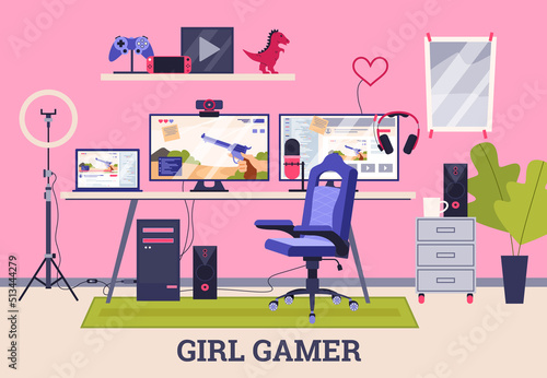 Girl gamer or cyber sportsman room with gadgets flat vector illustration.