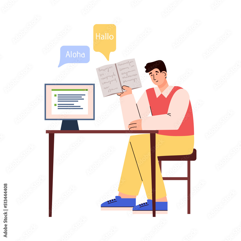 Smiling young man learning language online flat style Smiling young man learning language online flat style