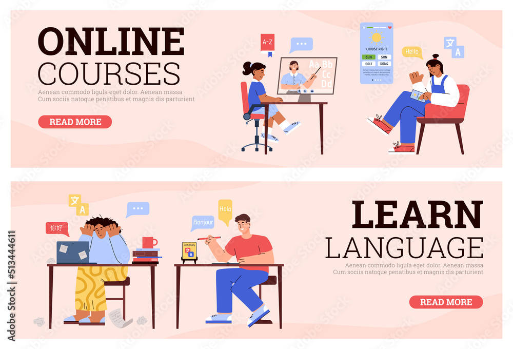 Set of website banners about online language learning flat style