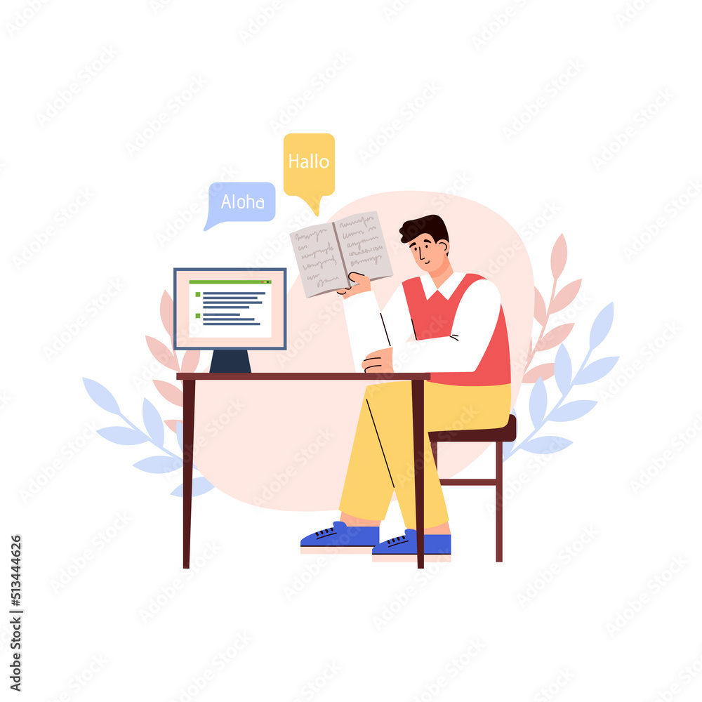 Young man sitting in front of computer monitor with written summary flat style