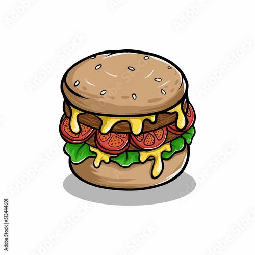 Delicious fast food cheese burger. Hand drawn vector