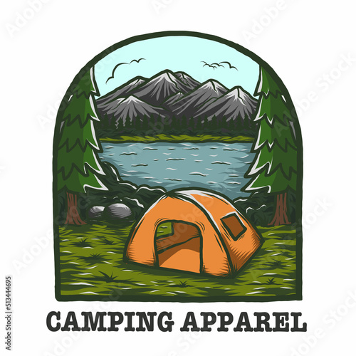 Vintage camping and outdoor adventure emblems, logos and badges. Camp tent in the side of lake, forest or mountains. Camping equipment. Vector.