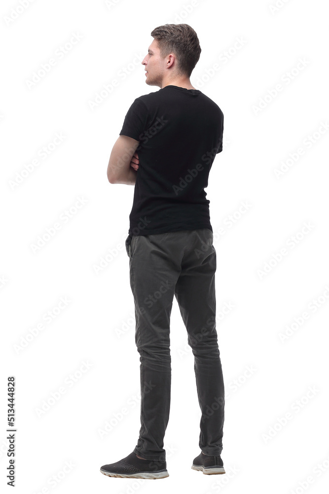 confident guy looking at white blank screen . isolated on white confident guy looking at white blank screen . isolated on white