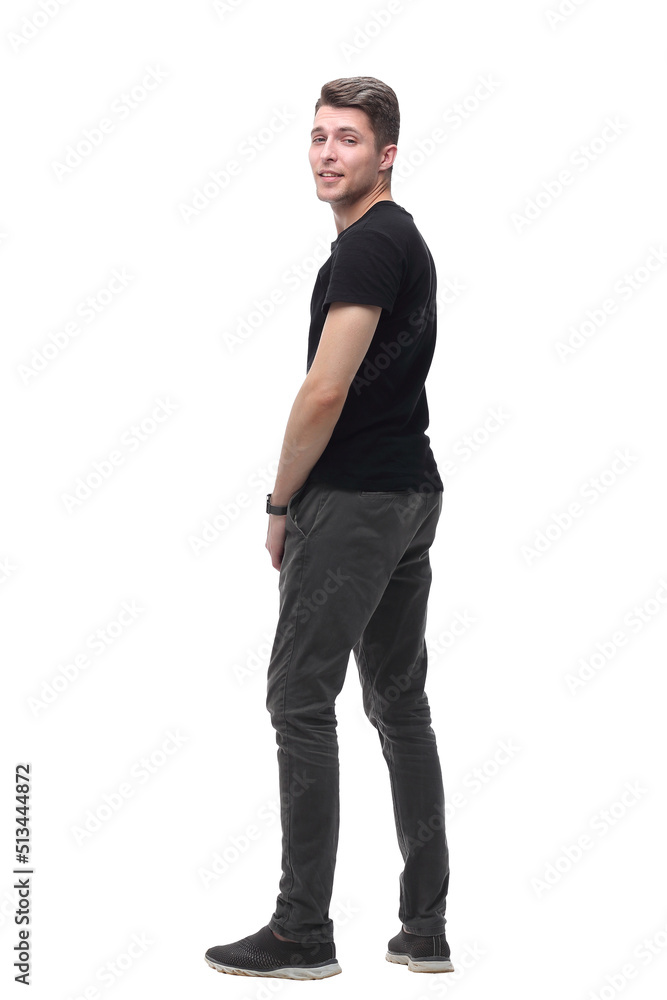confident guy looking at white blank screen . isolated on white confident guy looking at white blank screen . isolated on white