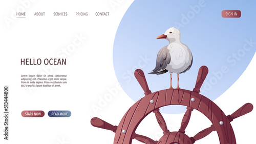 Seagull standing on the ship's steering wheel. Maritime, marine life, nautical concept. Vector illustration. Website, banner template.
