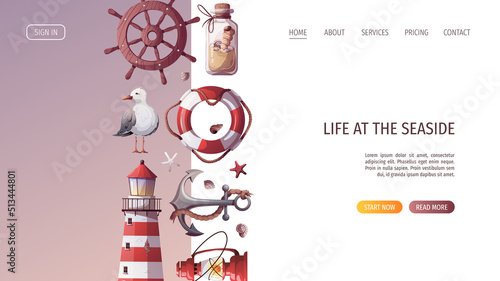 Ship's steering wheel, anchor, lifebuoy, sand bottle, corals, starfishes, seashells, lighthouse. Maritime, sea coast, marine life, nautical concept. Vector illustration. Website, banner template.