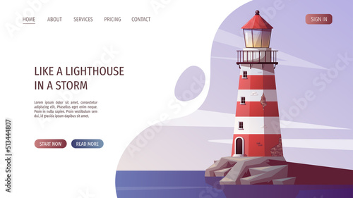 Lighthouse on the sea rock. Maritime, sea coast, marine life, nautical concept. Vector illustration. Website, banner template.
