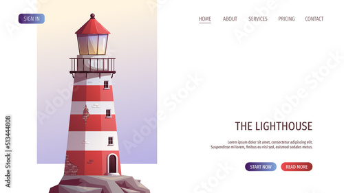 Lighthouse on the sea rock. Maritime, sea coast, marine life, nautical concept. Vector illustration. Website, banner template.