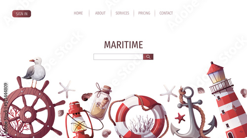 Ship's steering wheel, anchor, lifebuoy, sand bottle, corals, starfishes, seashells, lighthouse. Maritime, sea coast, marine life, nautical concept. Vector illustration. Website, banner template.