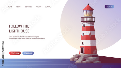nauticLighthouse on the sea rock. Maritime, sea coast, marine life, nautical concept. Vector illustration. Website, banner template.al-web