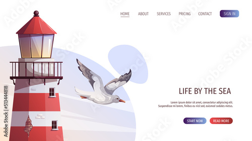 Lighthouse and flying seagull. Maritime, sea coast, marine life, nautical concept. Vector illustration. Website, banner template.