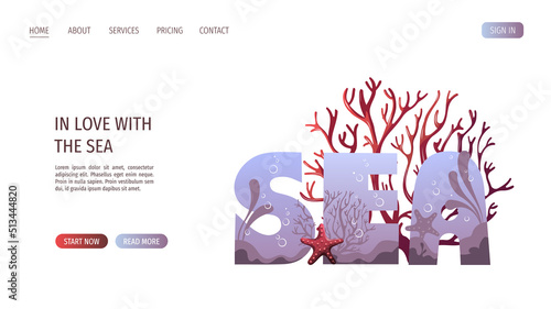 Sea lettering, corals and starfish. Maritime, sea coast, marine life, nautical concept. Vector illustration. Website, banner template.