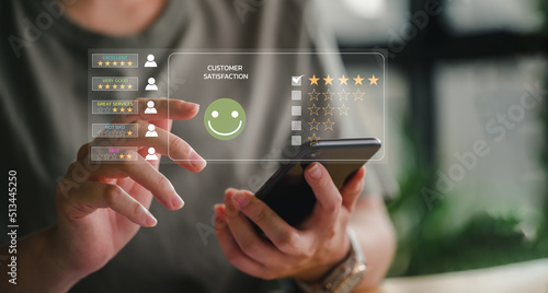 Customer review satisfaction feedback survey concept, User give rating to service experience on online application, Customer can evaluate quality of service leading to reputation ranking of business