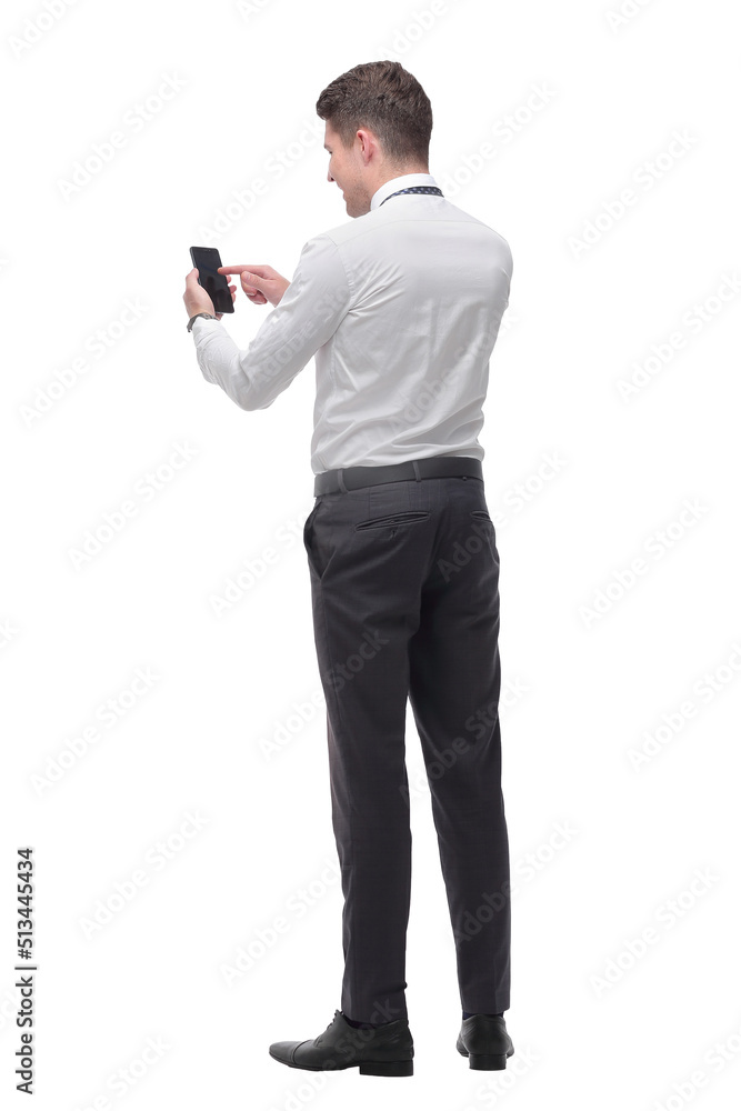 businessman tapping the screen of his smartphone. isolated on white businessman tapping the screen of his smartphone. isolated on white