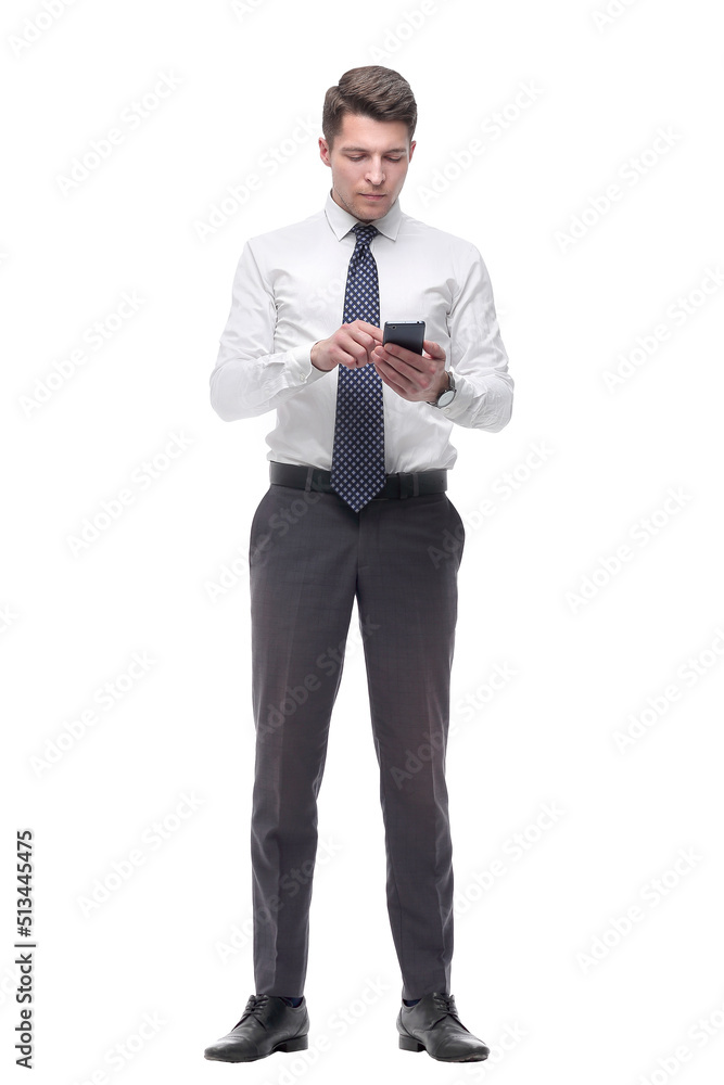 businessman tapping the screen of his smartphone. isolated on white businessman tapping the screen of his smartphone. isolated on white