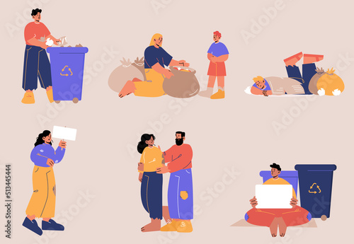 Set of homeless people, beggars male and female characters with banner, beg money, need work. Bums in ragged clothes pick up garbage in bin on street, sleep on ground Line art flat vector illustration