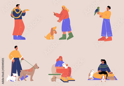 People with pets isolated set. Male and female characters walking, training and playing with dog outdoor, relaxing with cat, care of rabbit and snake. Love to animals Line art flat vector illustration