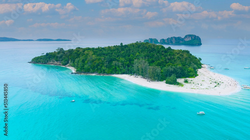 Above view in Summer Travel concept with the white sand beach with tourists and turquoise water on  the beach , Philippines