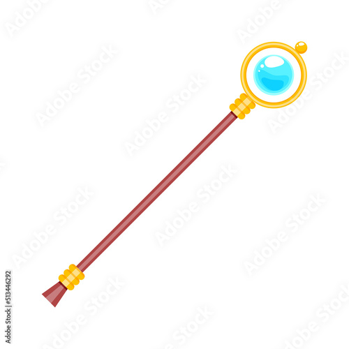 Magic staff. Cartoon illustration of wizard walk stick with crystal ball. Vector 10 EPS.