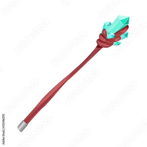 Magic staff. Cartoon illustration of wooden wizard walk stick with green crystals. Vector 10 EPS.