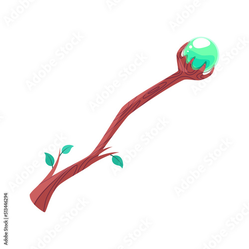 Magic staff. Cartoon illustration of wooden wizard walk stick with magic green crystal ball. Vector 10 EPS.