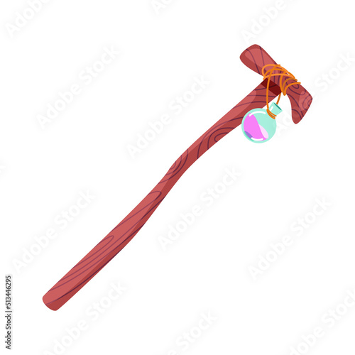 Magic staff. Cartoon illustration of wooden wizard walk stick with magic potion jar. Vector 10 EPS.