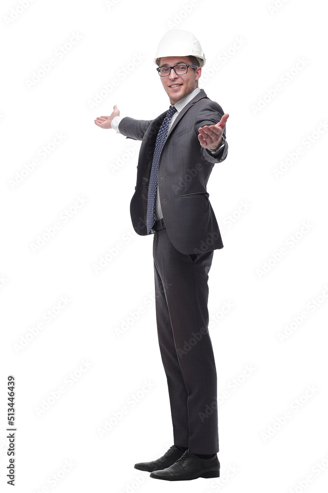 serious businesswoman in helmet pointing at copy space . isolated on white serious businesswoman in helmet pointing at copy space . isolated on white
