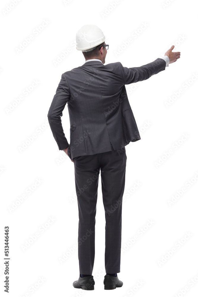 businessman in hard-hat looking at blank white screen. isolated on white businessman in hard-hat looking at blank white screen. isolated on white