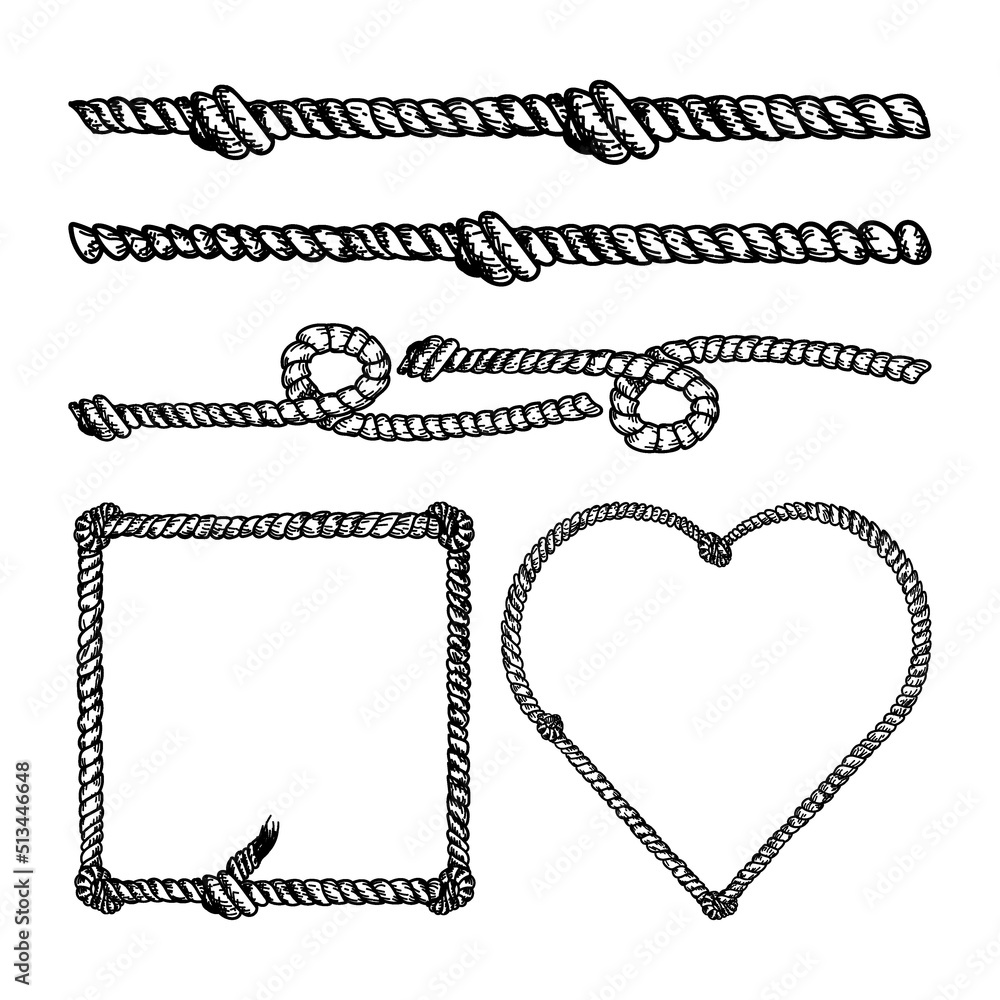 Nautical rope vector dividers and elements, hand-drawn doodle in sketch style. Vintage border frame design illustration. Decorative nautical jute frame illustration.