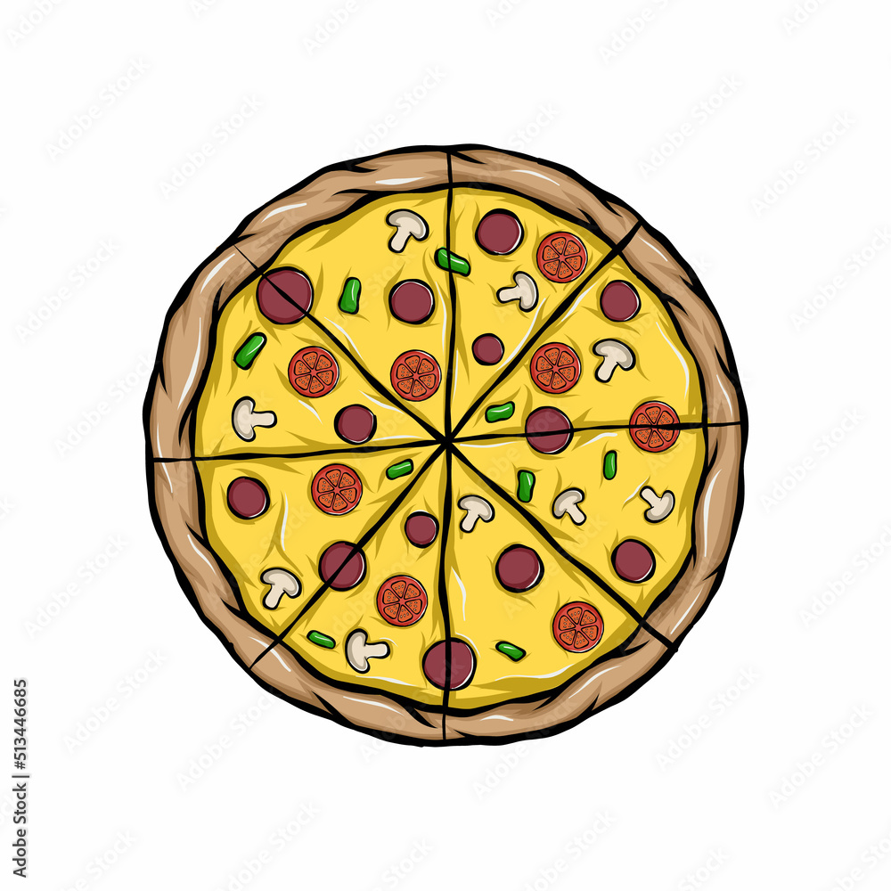 Pepperoni pizza Italian food menu vector illustration. Whole and chopped pizza icon isolated on white background. Good for clip art, sticker, print,  