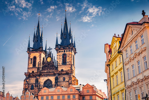 Fototapeta Spring summer view of Church of Our Lady before Tyn, 14th-century landmark with 80m towers, ornately carved exteriors and baroque altarpiece, Prague, Czech Republic, Europe