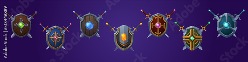 Set of game shields with swords, cartoon fantasy medieval armor of metal and wood decorated with gems. Knight ammo, iron or wooden guard screens collection, ui design elements, isolated vector icons
