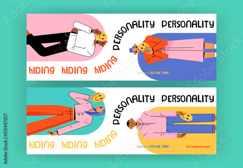 Hiding personality banners with sad people disguise faces behind of happy masks. Impostor syndrome, hypocrisy, psychological help to men and women with identity problems, Line art flat vector flyers