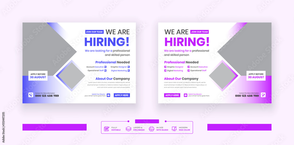 We are hiring for Job Vacancy Horizontal Flyer and Job Circular Corporate Agency Flyer Template Design.
