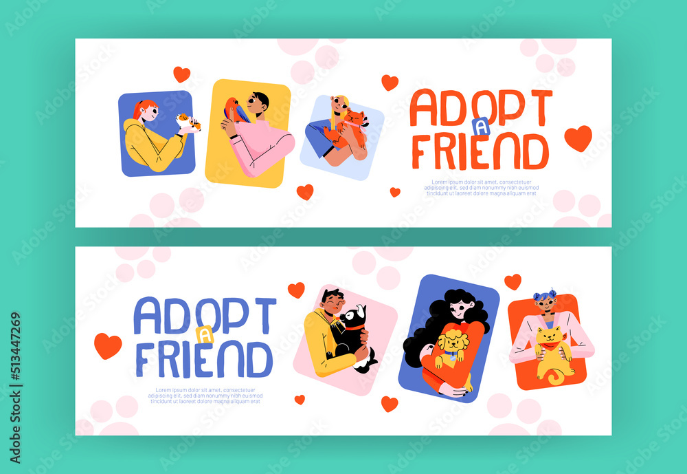 Fototapeta premium Adopt a friend banners. People hug pets, animal adoption concept with young women holding cute funny cats and guinea pig on hands. Human tenderness, love and charity Linear flat vector web banner