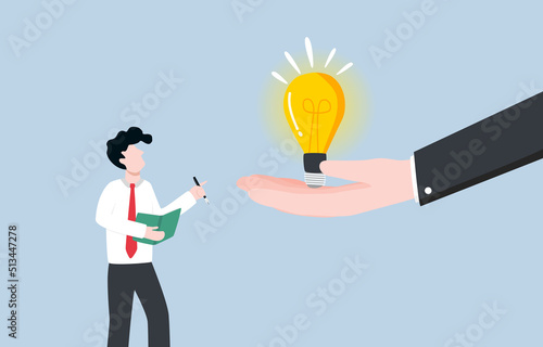 Seeking knowledge from expert, gaining experience to advance career, propensity to learn concept. Giant hand showing bright idea light bulb for businessman to learn. 