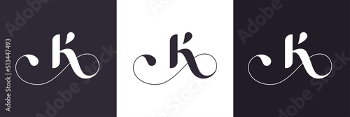 K letter monogram. Elegant luxury K logo. Calligraphic style. Vector design. Luxurious linear creative monogram.